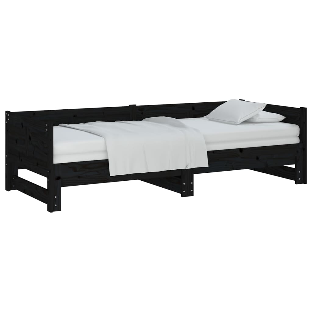 Uttrekkbar dagseng svart heltre furu 2x(90x190) cm