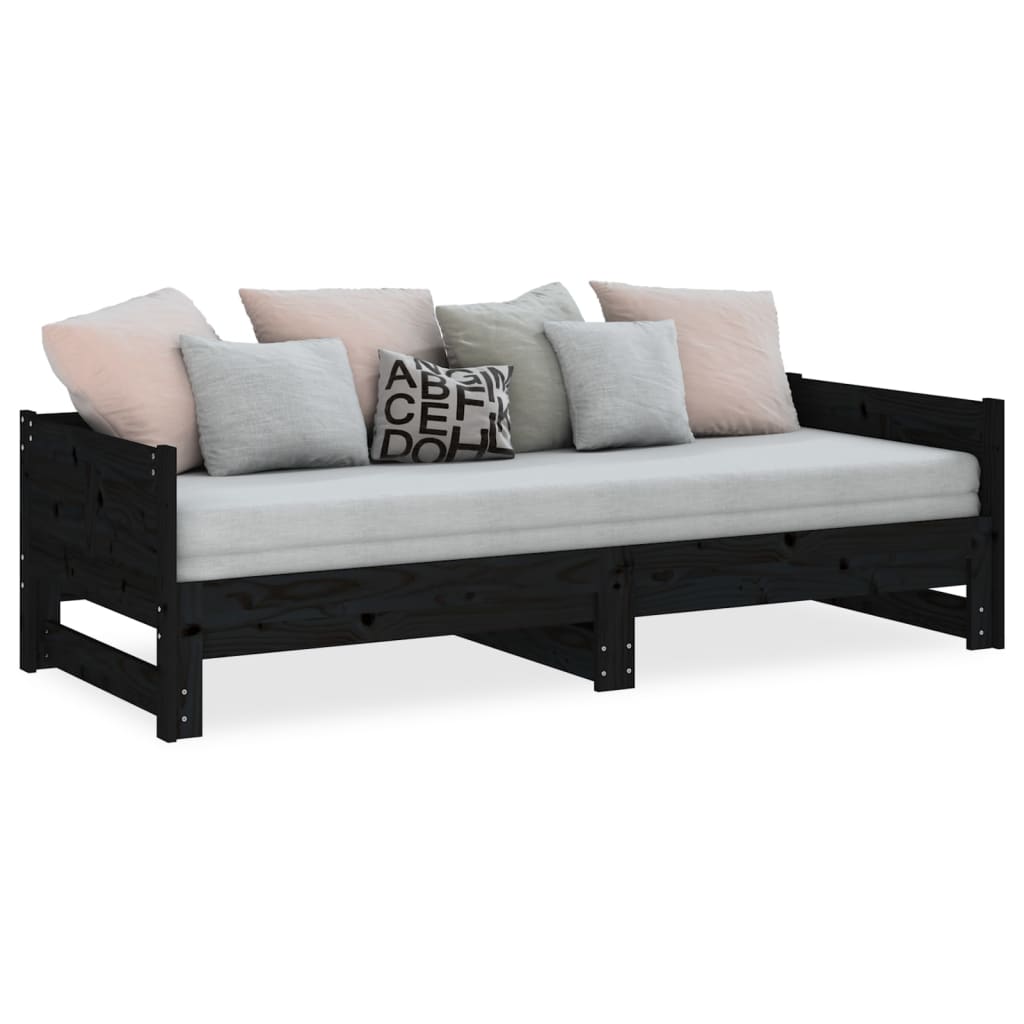 Uttrekkbar dagseng svart heltre furu 2x(90x190) cm