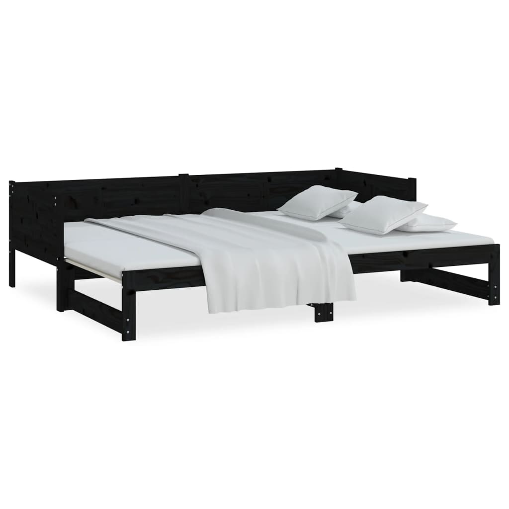 Uttrekkbar dagseng svart heltre furu 2x(90x190) cm