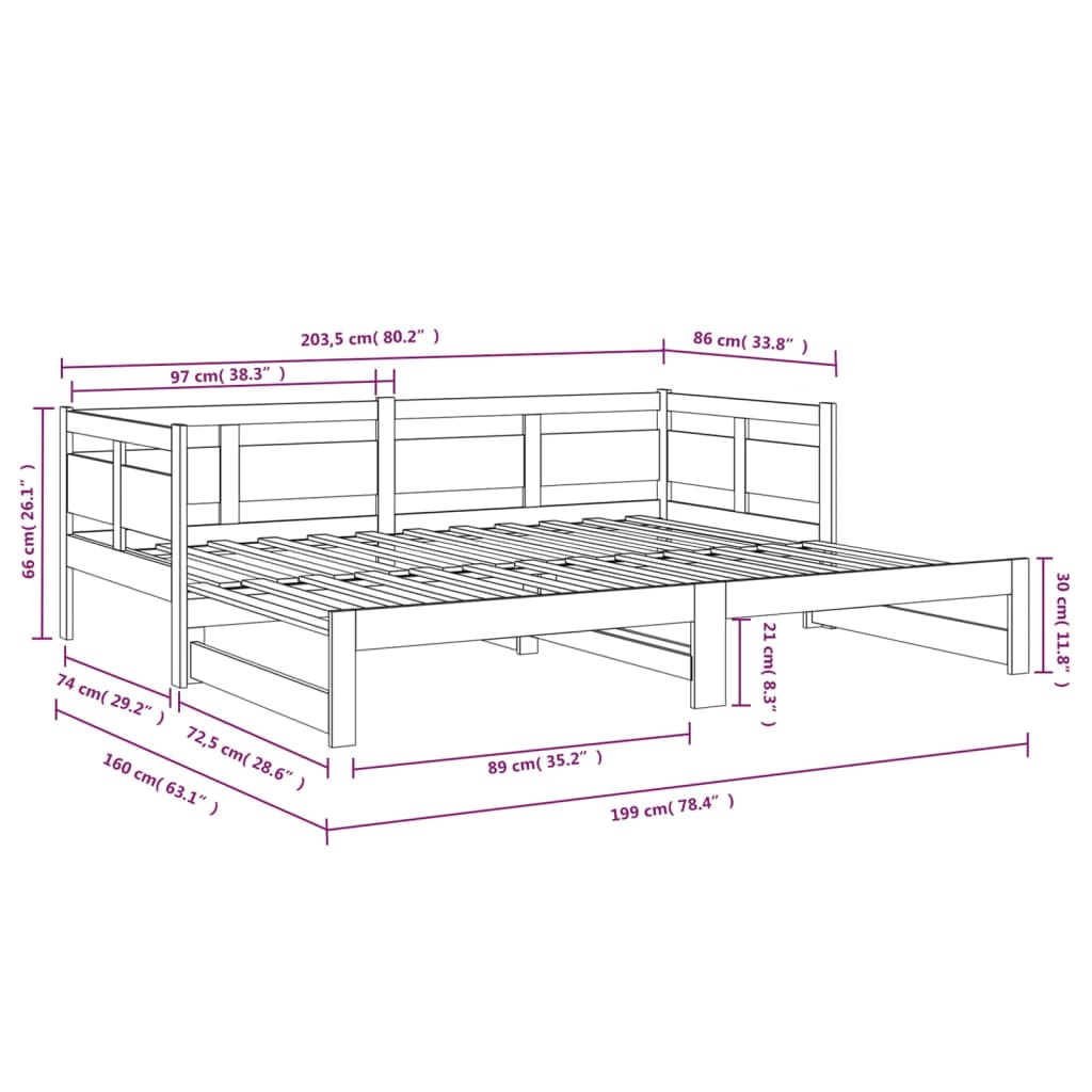Uttrekkbar dagseng heltre furu 2x(80x200) cm