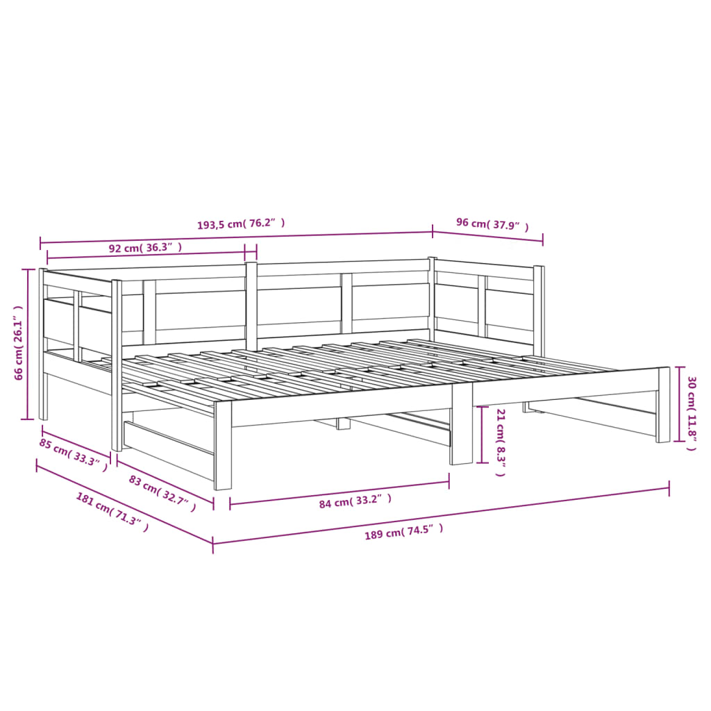 Uttrekkbar dagseng heltre furu 2x(90x190) cm
