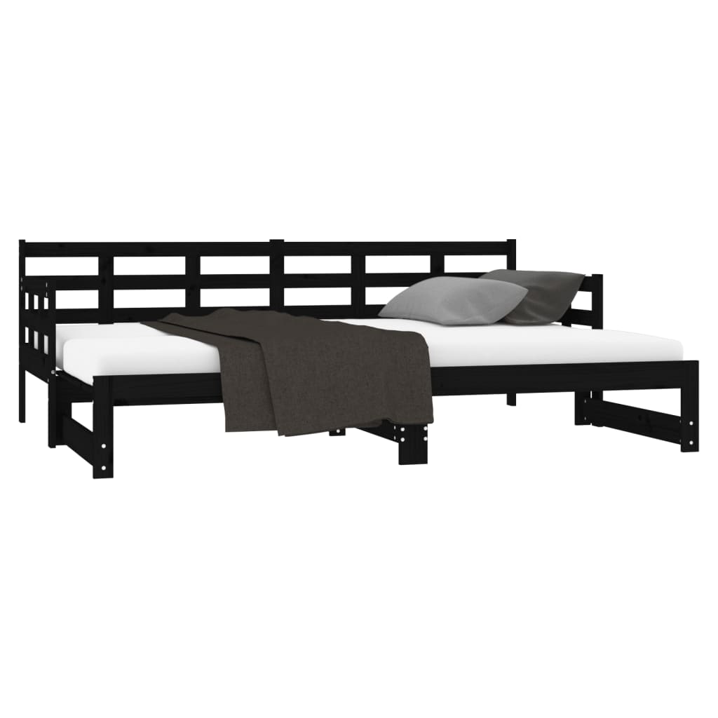 Uttrekkbar dagseng svart heltre furu 2x(90x190) cm