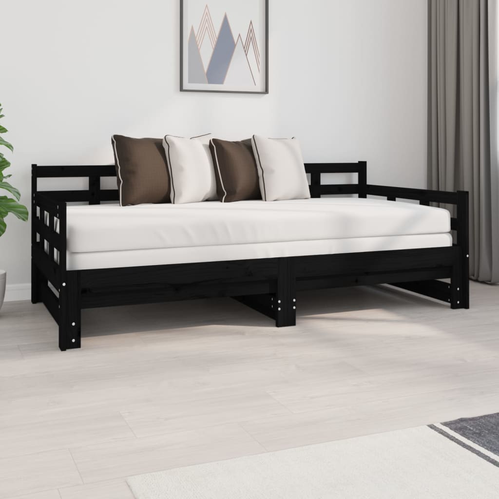 Uttrekkbar dagseng svart heltre furu 2x(90x190) cm