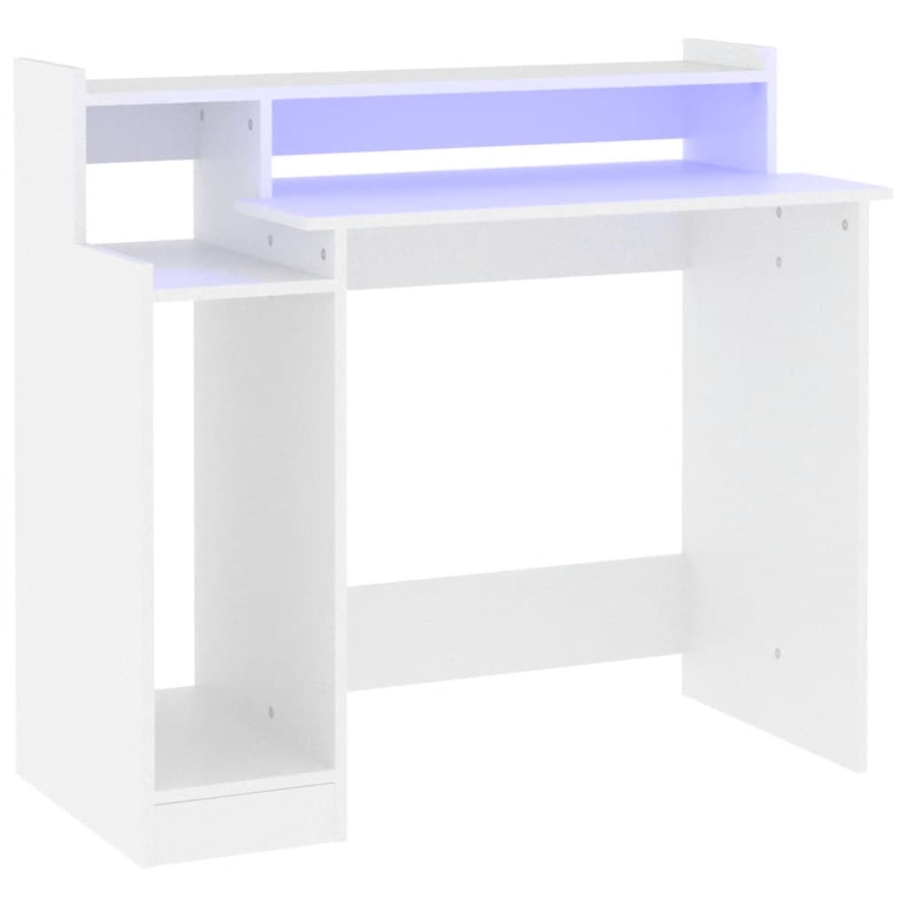 Skrivebord med LED-lys hvit 97x45x90 cm konstruert tre