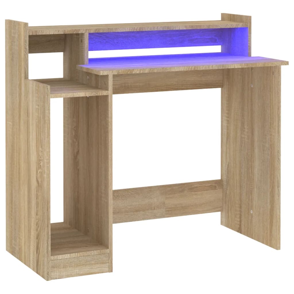 Skrivebord med LED-lys sonoma eik 97x45x90 cm konstruert tre