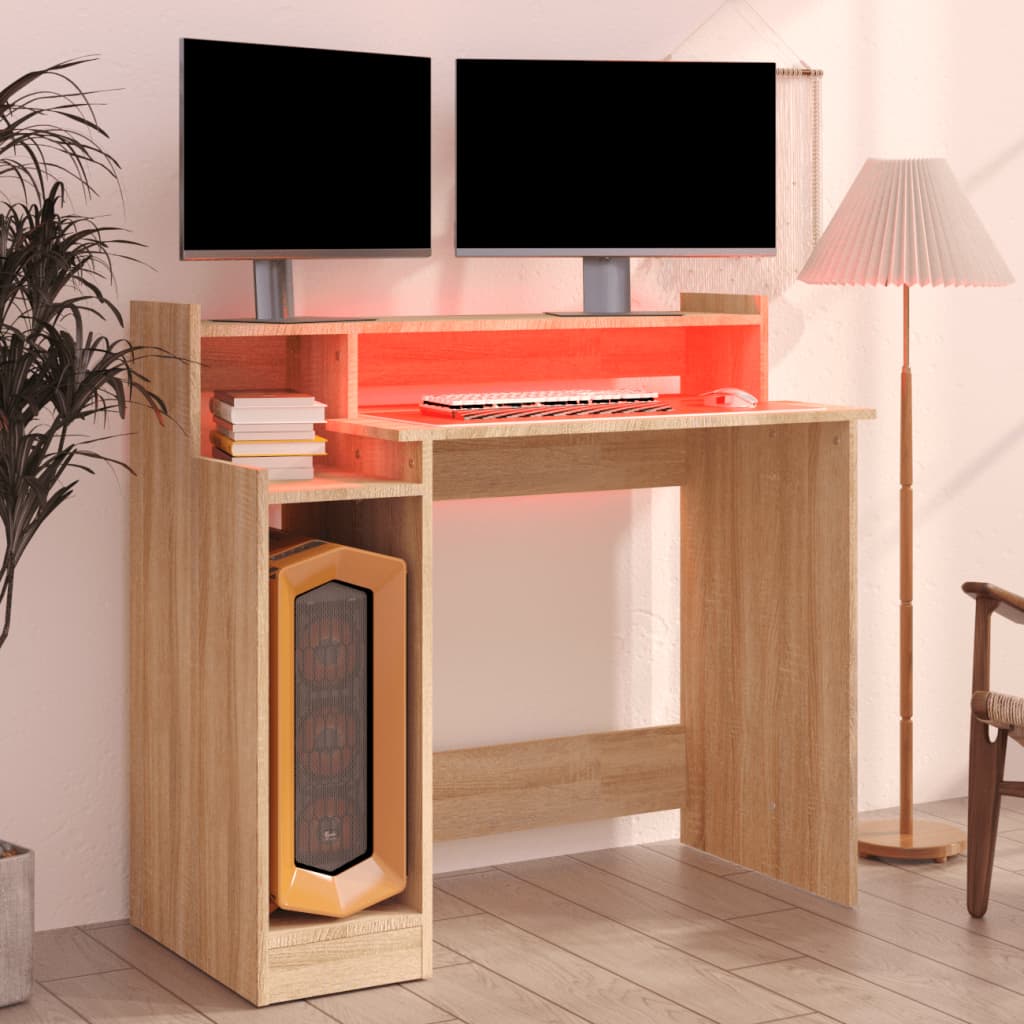 Skrivebord med LED-lys sonoma eik 97x45x90 cm konstruert tre