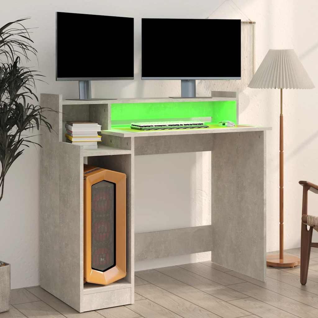 Skrivebord med LED-lys betonggrå 97x45x90 cm konstruert tre