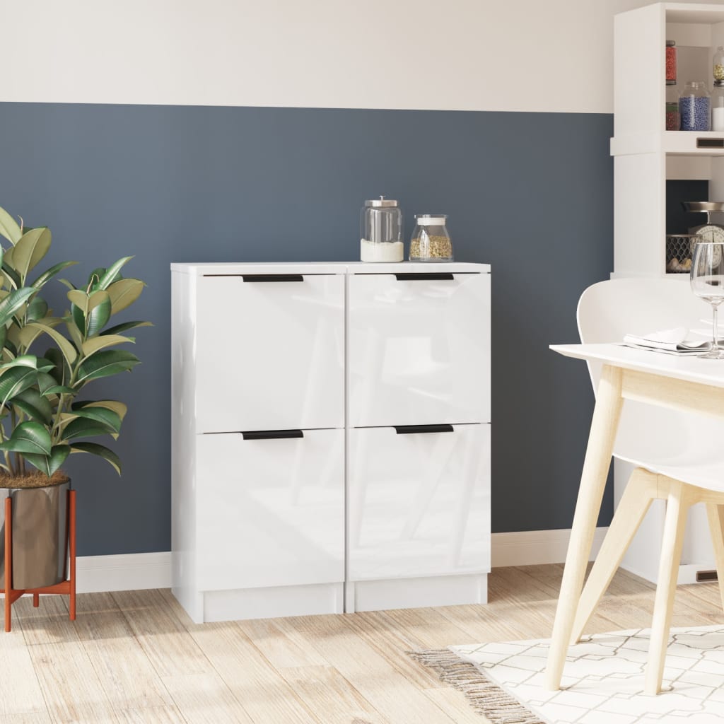 Skjenker 2 stk høyglans hvit 30x30x70 cm konstruert tre