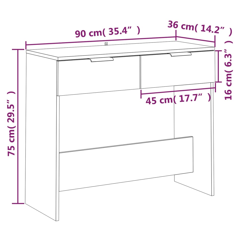 Konsollbord hvit 90x36x75 cm konstruert tre