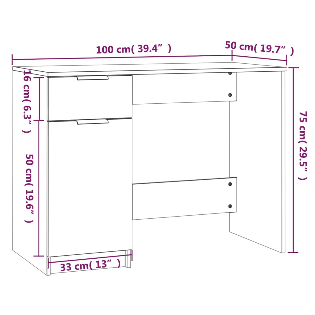 Skrivebord sonoma eik 100x50x75 cm konstruert tre