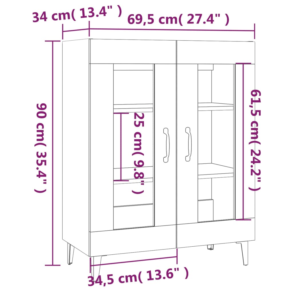 Skjenk hvit 69,5x34x90 cm konstruert tre