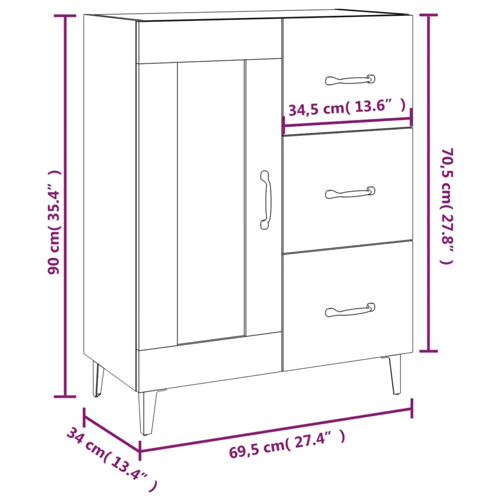 Skjenk hvit 69,5x34x90 cm konstruert tre
