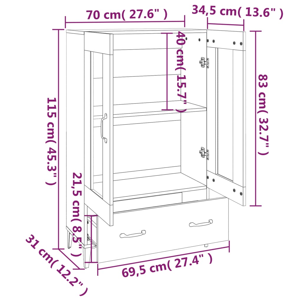 Highboard sonoma eik 70x31x115 cm konstruert tre