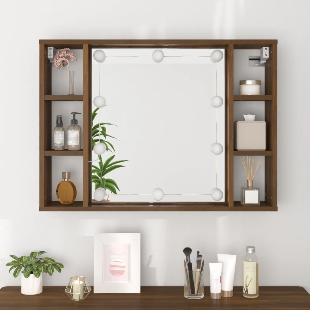 Speilskap med LED brun eik 76x15x55 cm