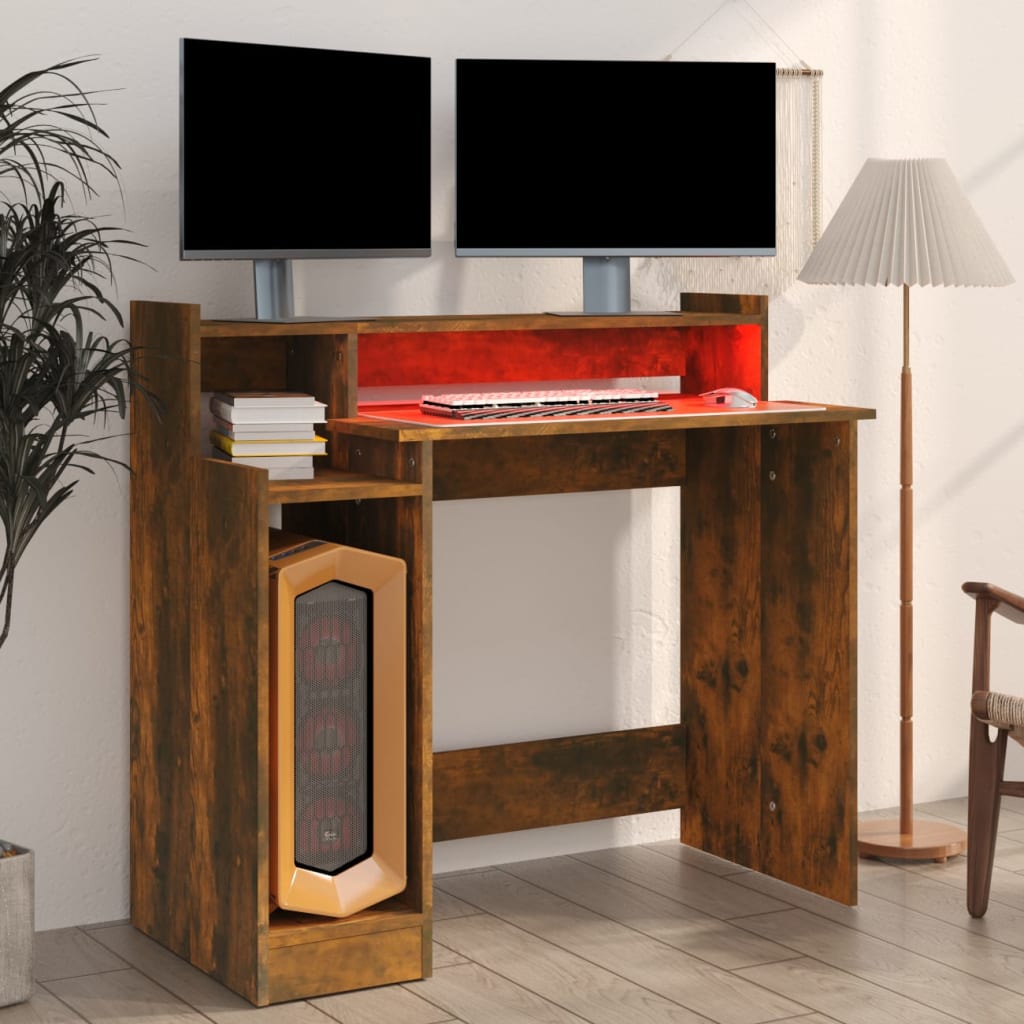 Skrivebord med LED-lys røkt eik 97x45x90 cm konstruert tre