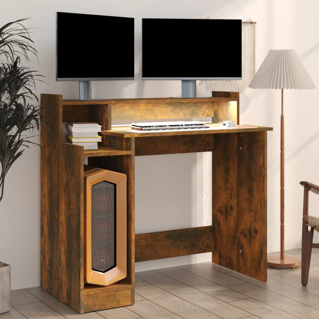 Skrivebord med LED-lys røkt eik 97x45x90 cm konstruert tre