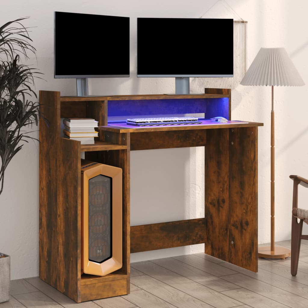 Skrivebord med LED-lys røkt eik 97x45x90 cm konstruert tre