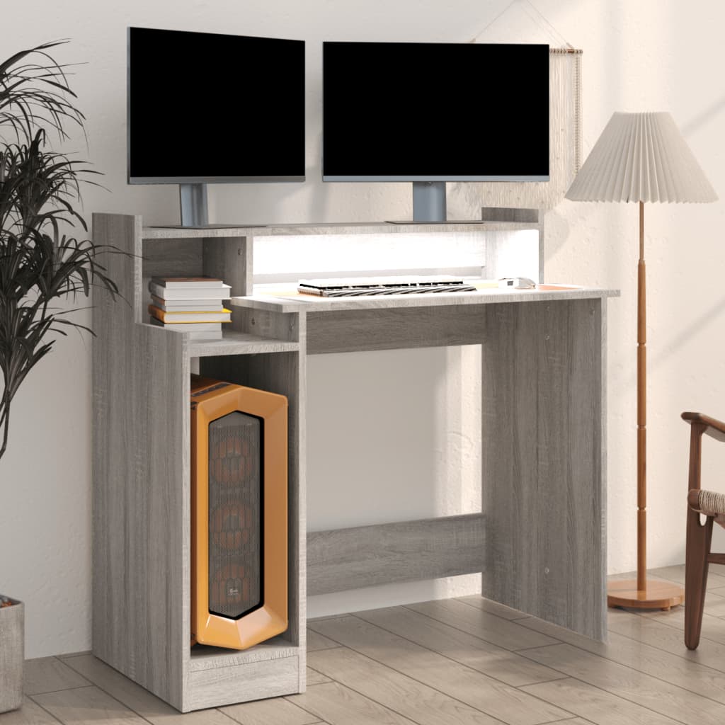 Skrivebord med LED-lys grå sonoma 97x45x90 cm konstruert tre