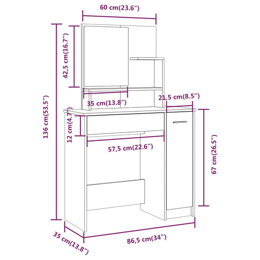 Sminkebordsett hvit 86,5x35x136 cm