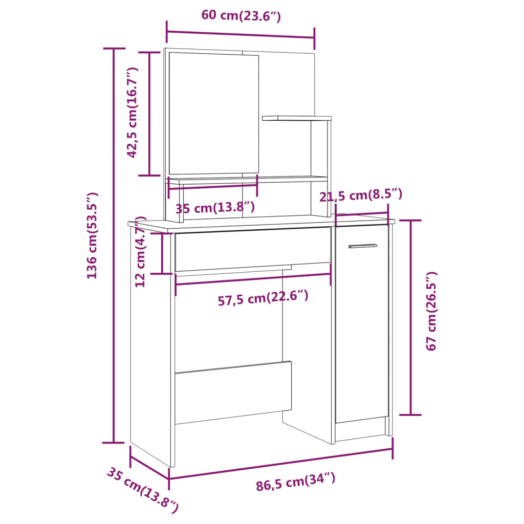 Sminkebordsett sonoma eik 86,5x35x136 cm