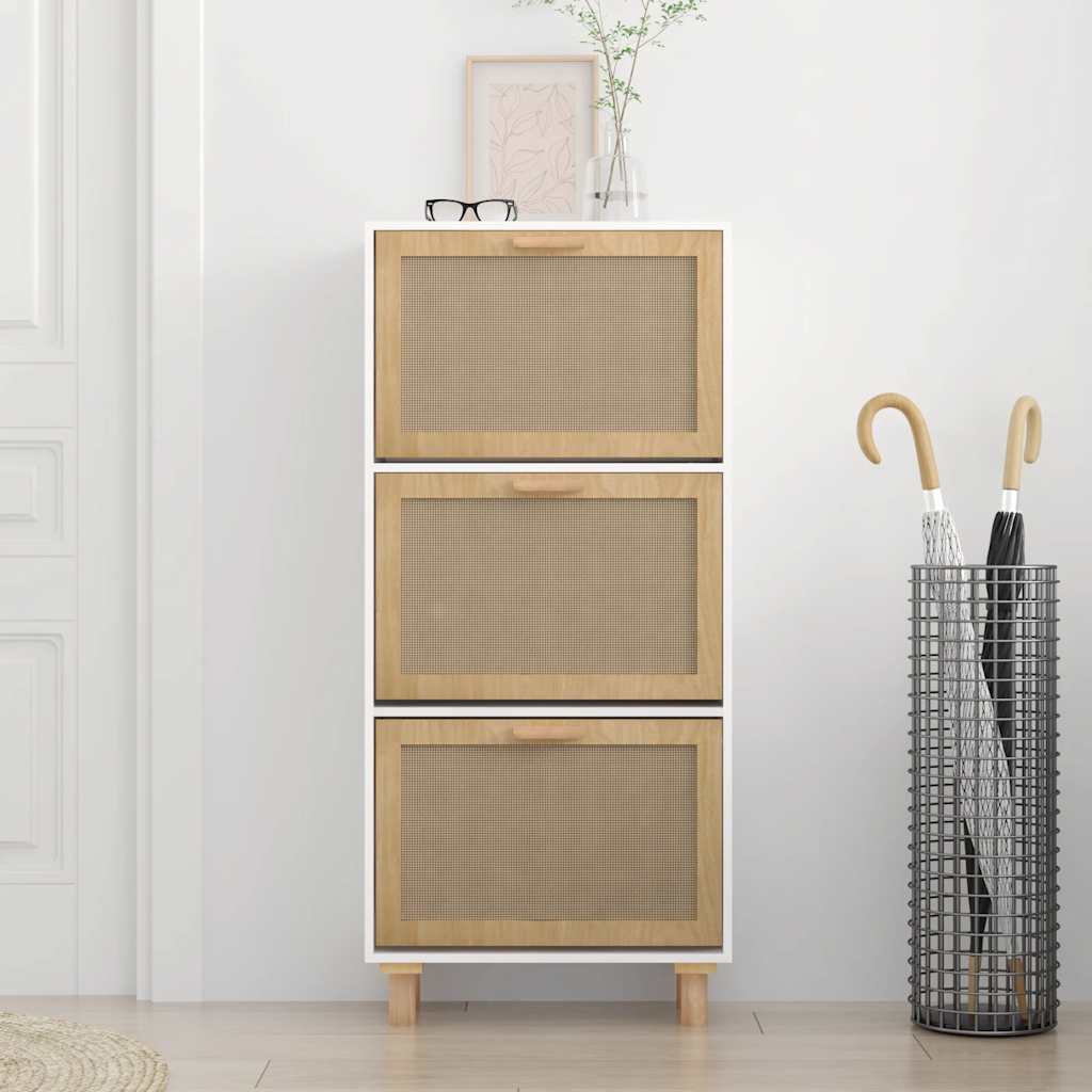 Skoskap hvit 52x25x115 cm konstruert tre og naturlig rotting