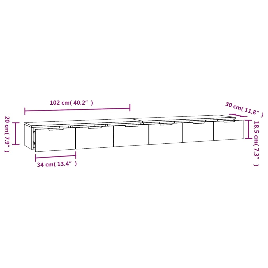 Veggskap 2 stk betonggrå 102x30x20 cm konstruert tre