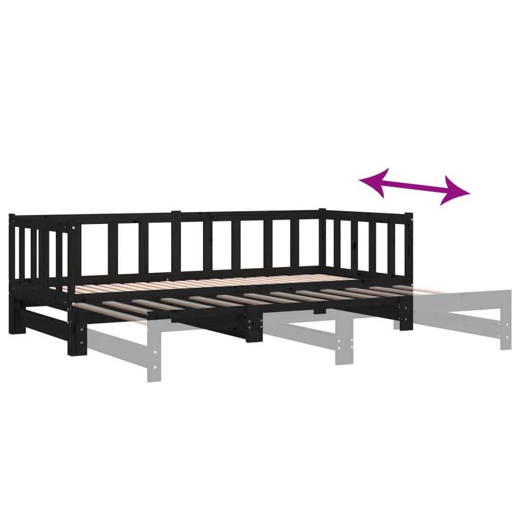 Uttrekkbar dagseng svart 2x(90x190) cm heltre furu