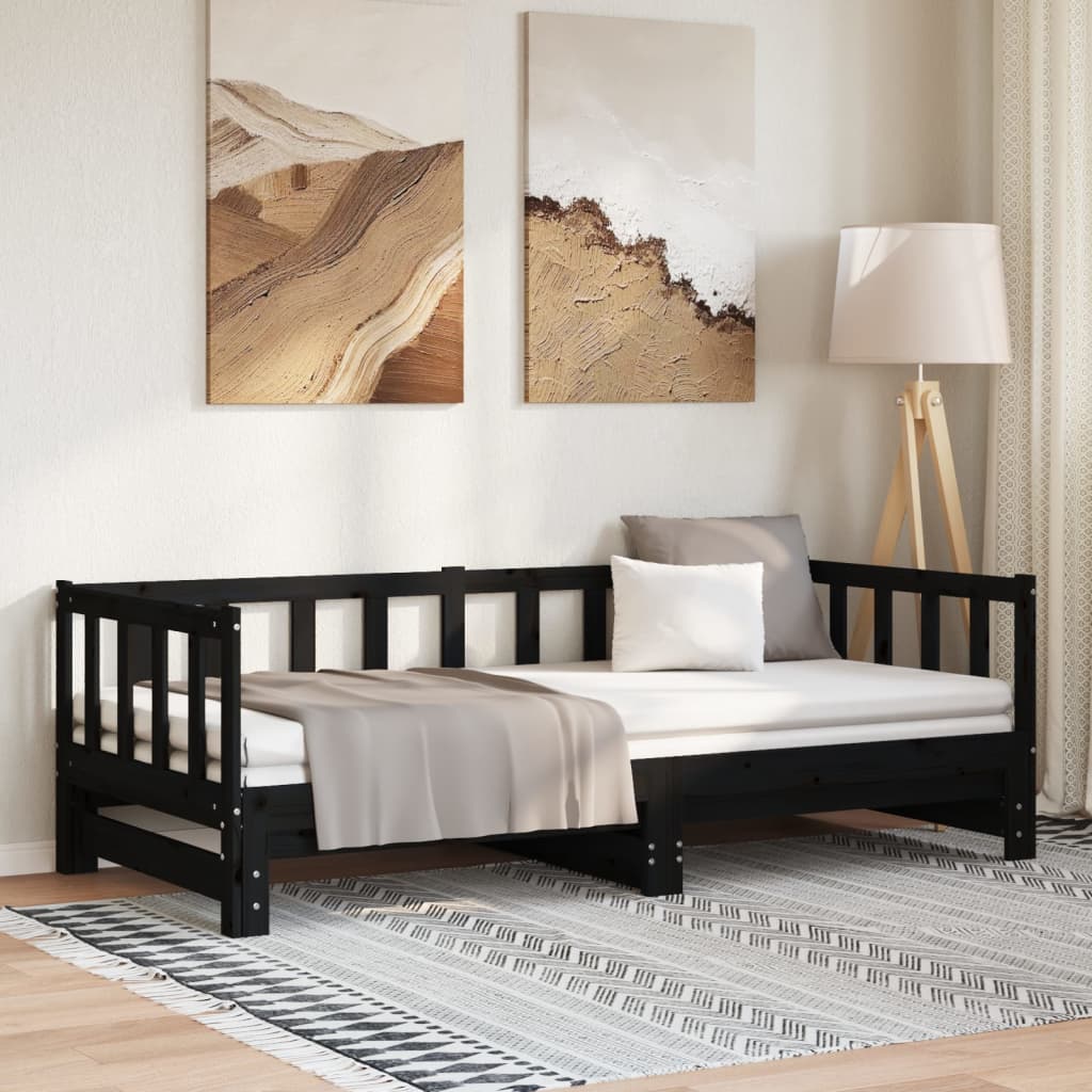 Uttrekkbar dagseng svart 2x(90x190) cm heltre furu