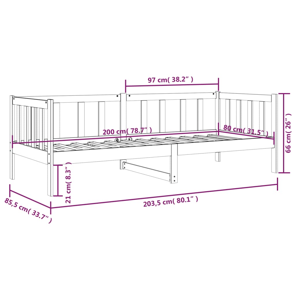 Dagseng uten madrass hvit 80x200 cm heltre furu