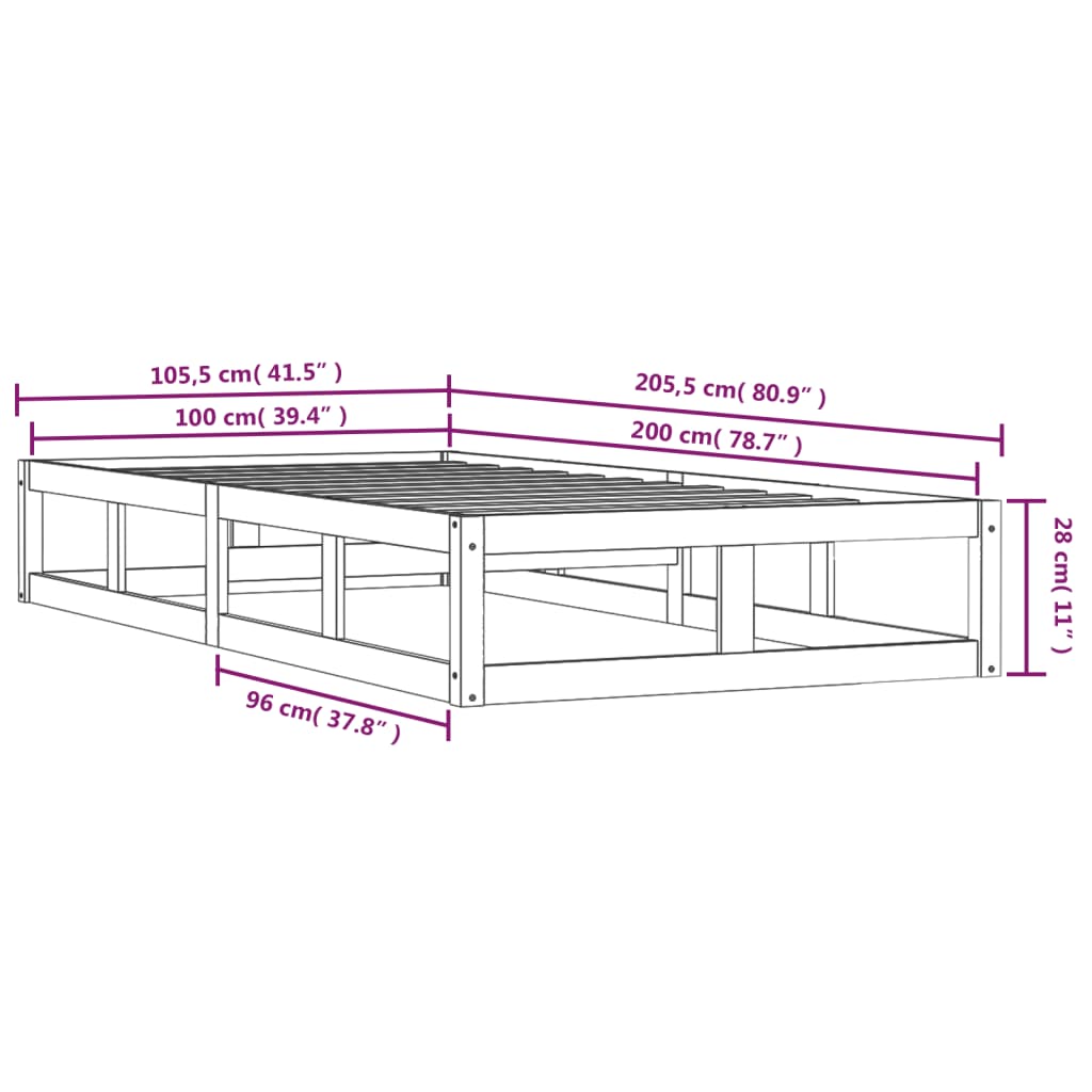Sengeramme hvit 100x200 cm heltre