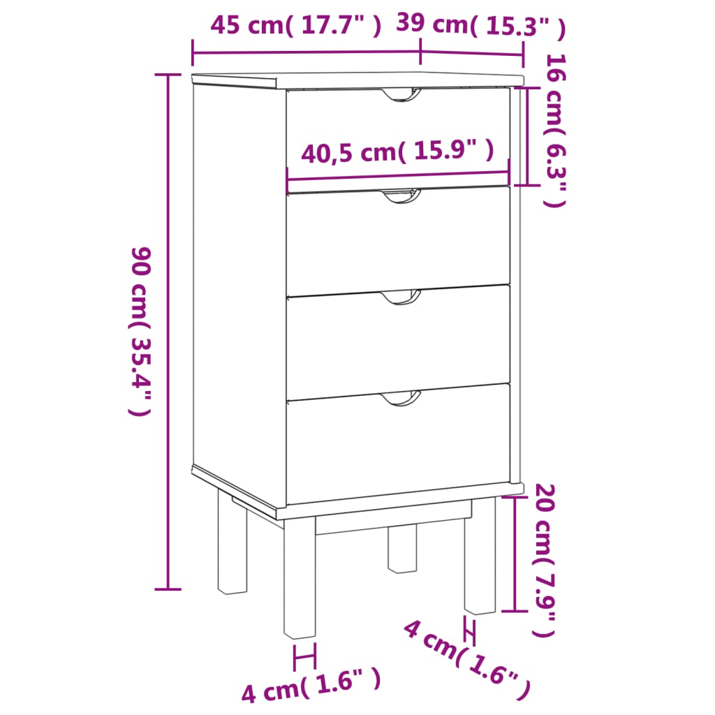 Kommode OTTA brun og hvit 45x39x90 cm heltre furu