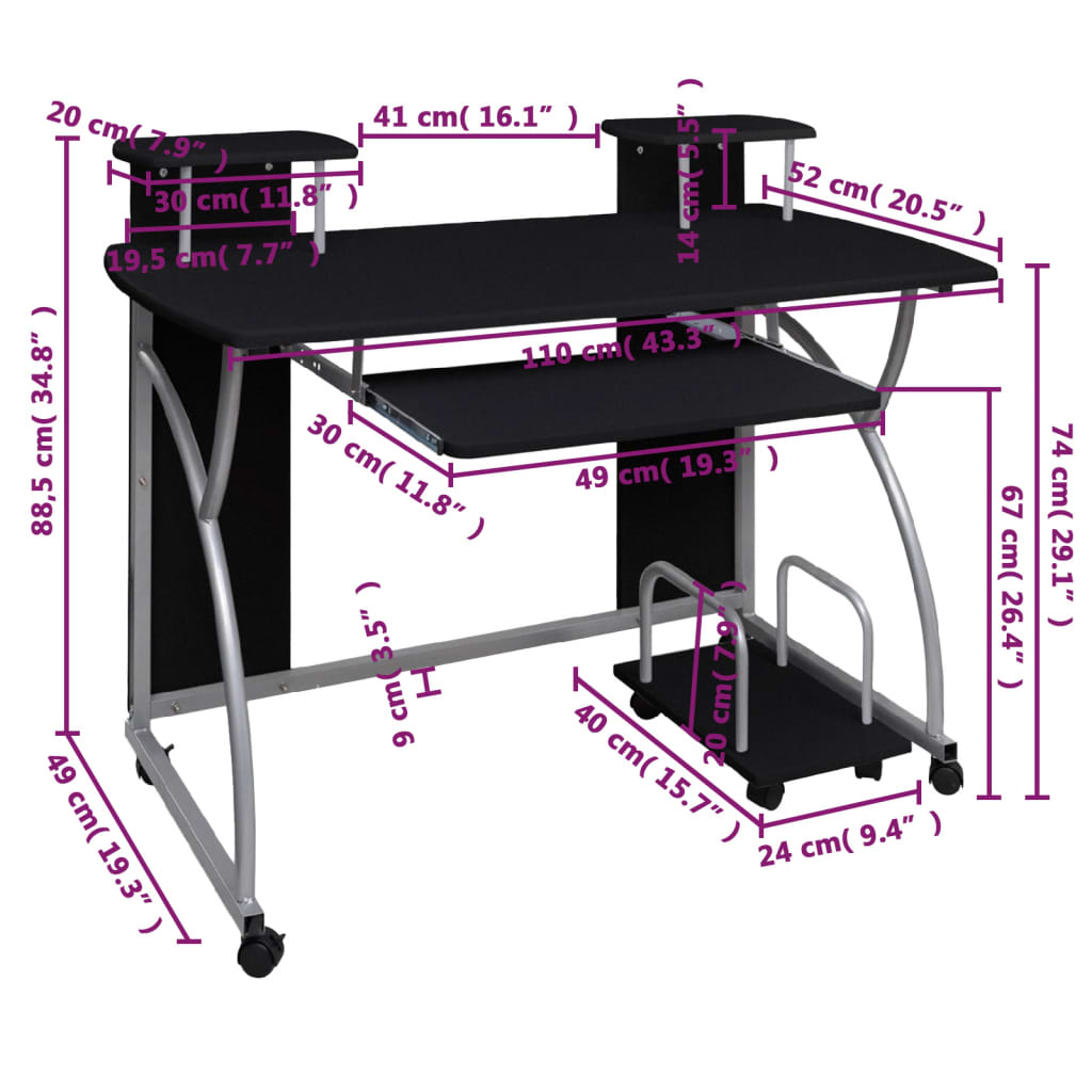 Databord svart 110x52x88,5 cm konstruert tre