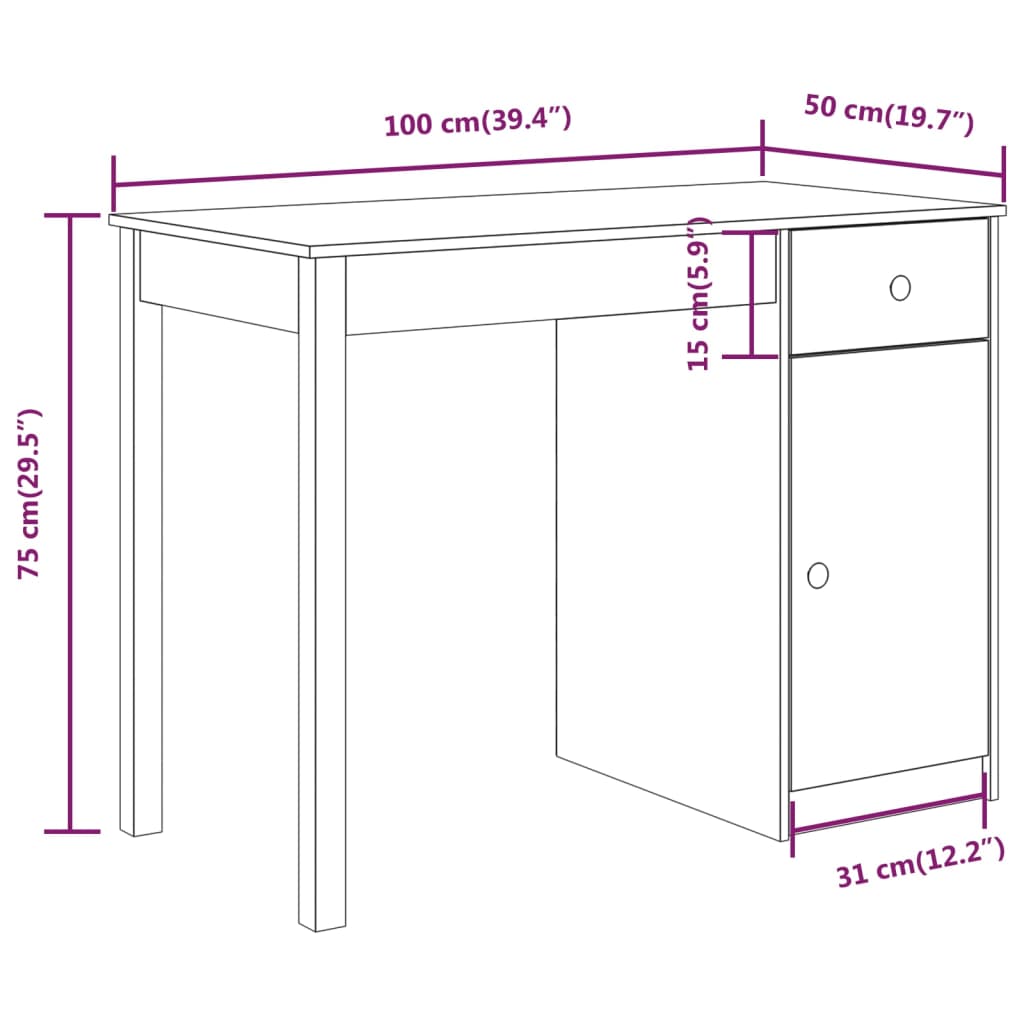 Skrivebord hvit 100x50x75 cm heltre furu