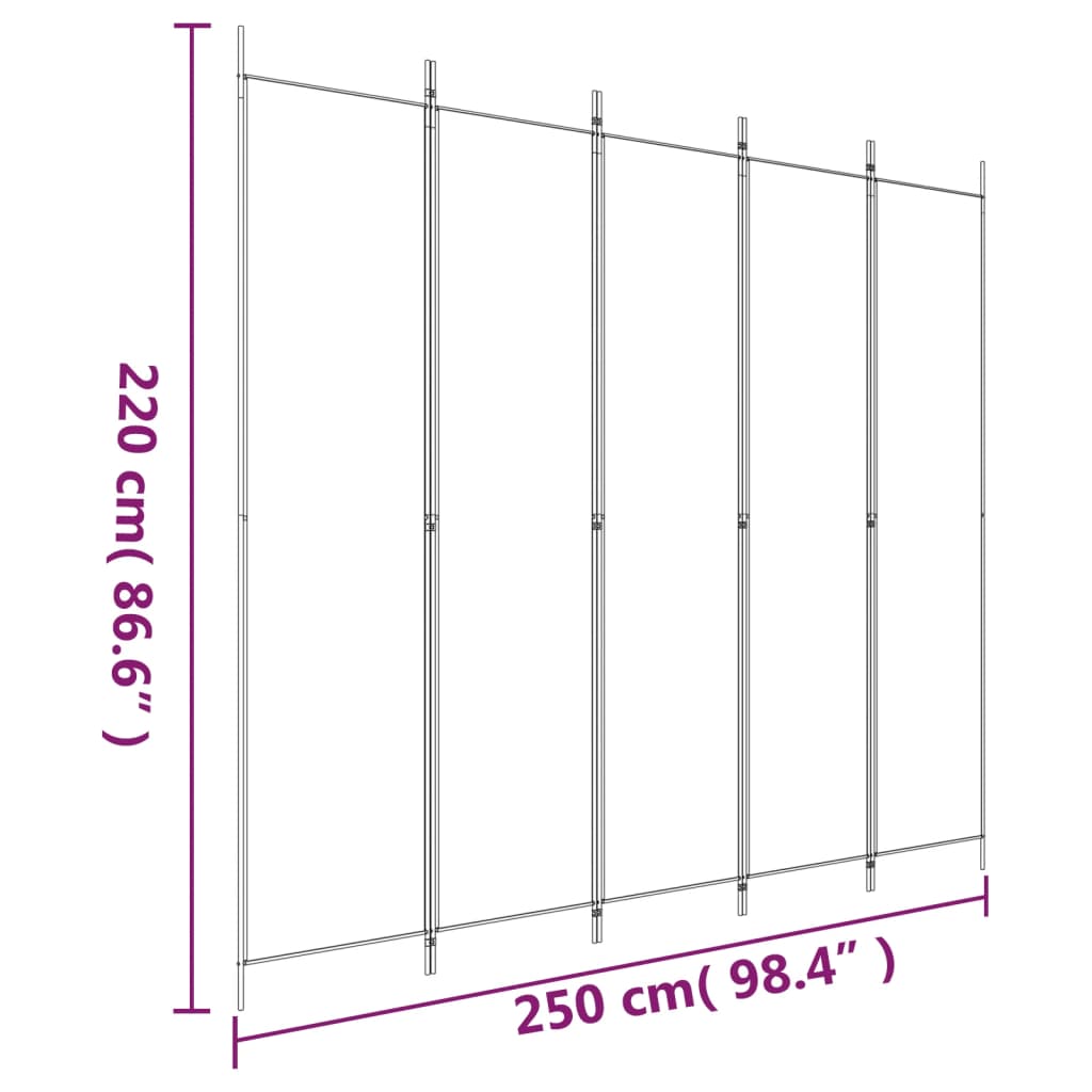 Romdeler med 5 paneler hvit 250x220 cm stoff