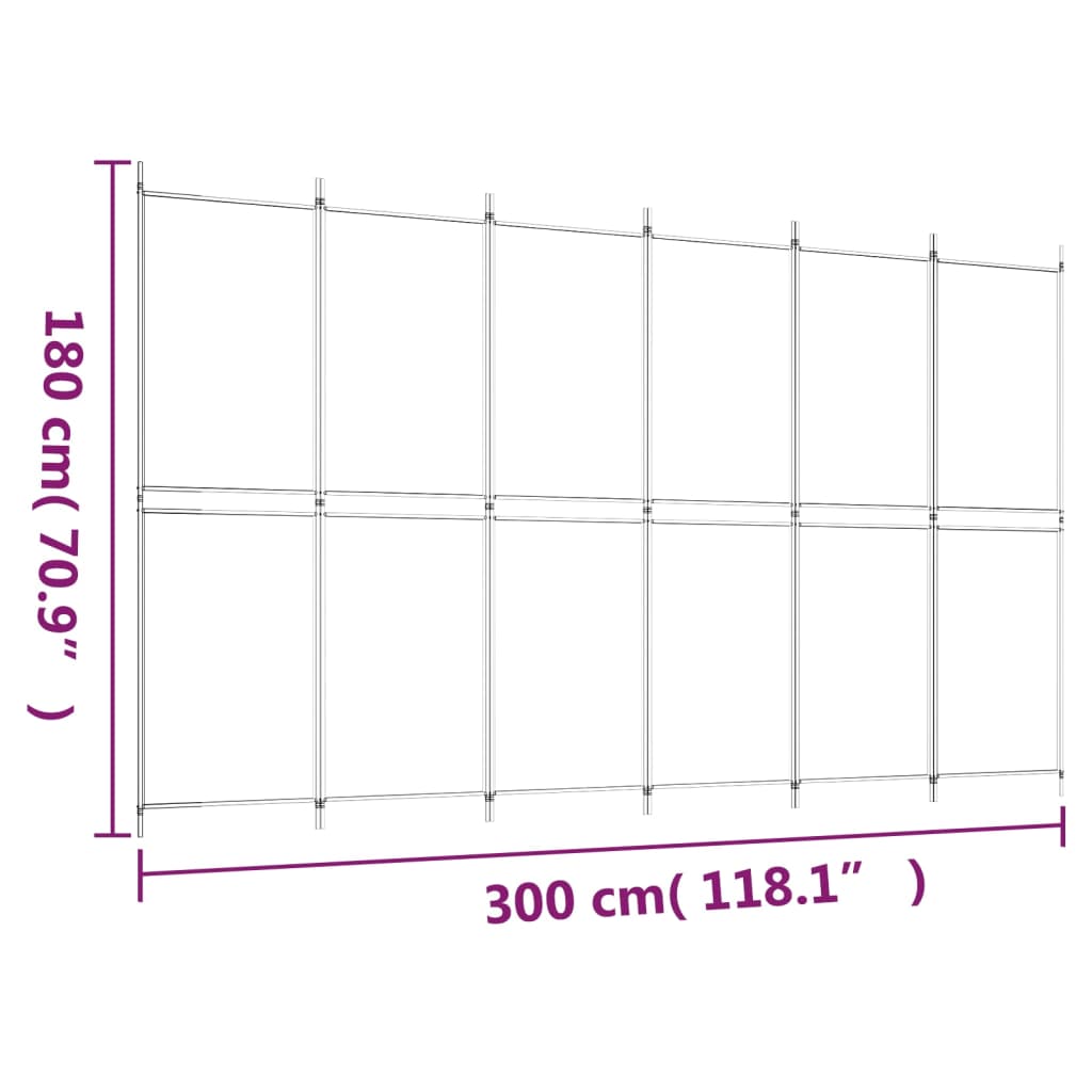 Romdeler med 6 paneler hvit 300x180 cm stoff