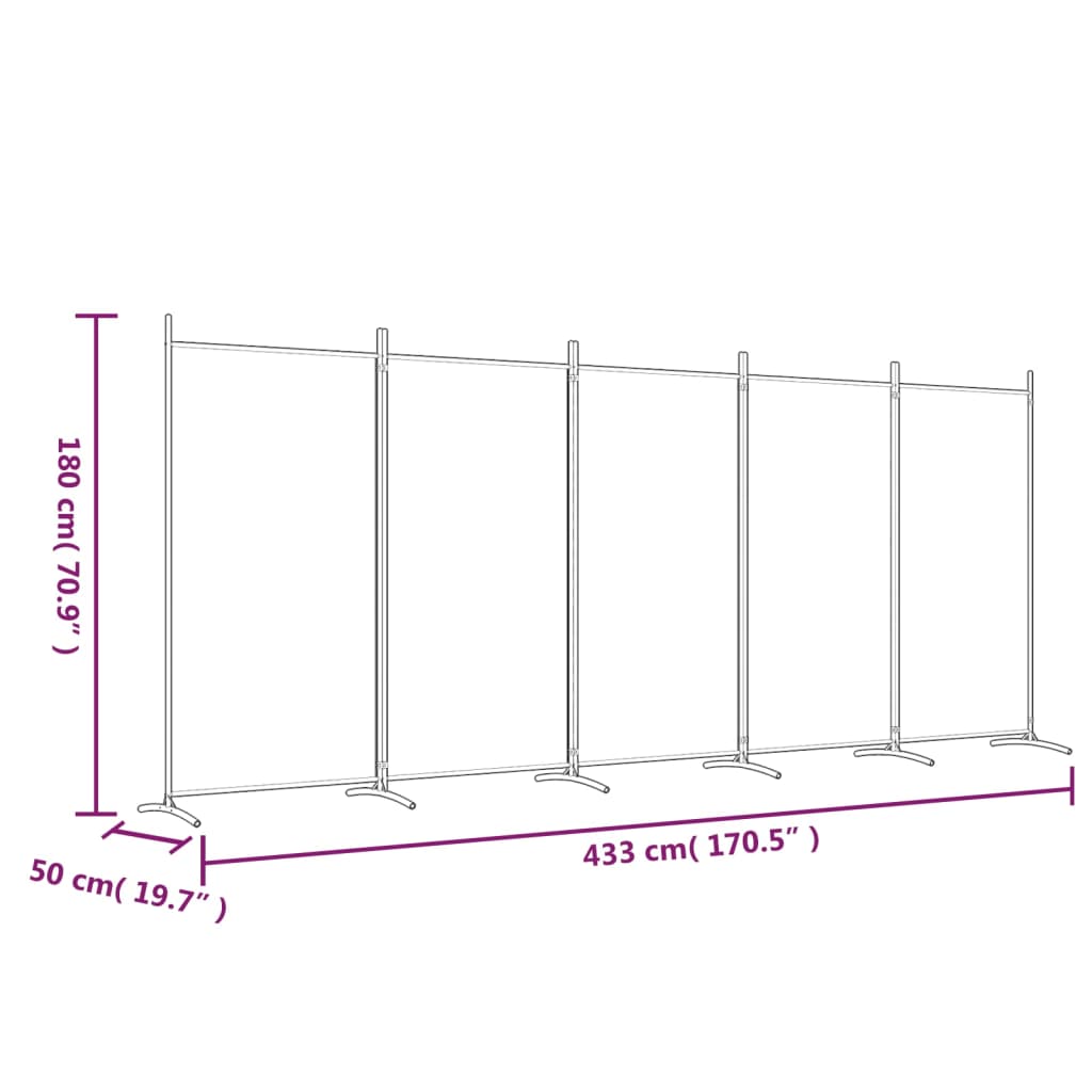 Romdeler med 5 paneler hvit 433x180 cm stoff