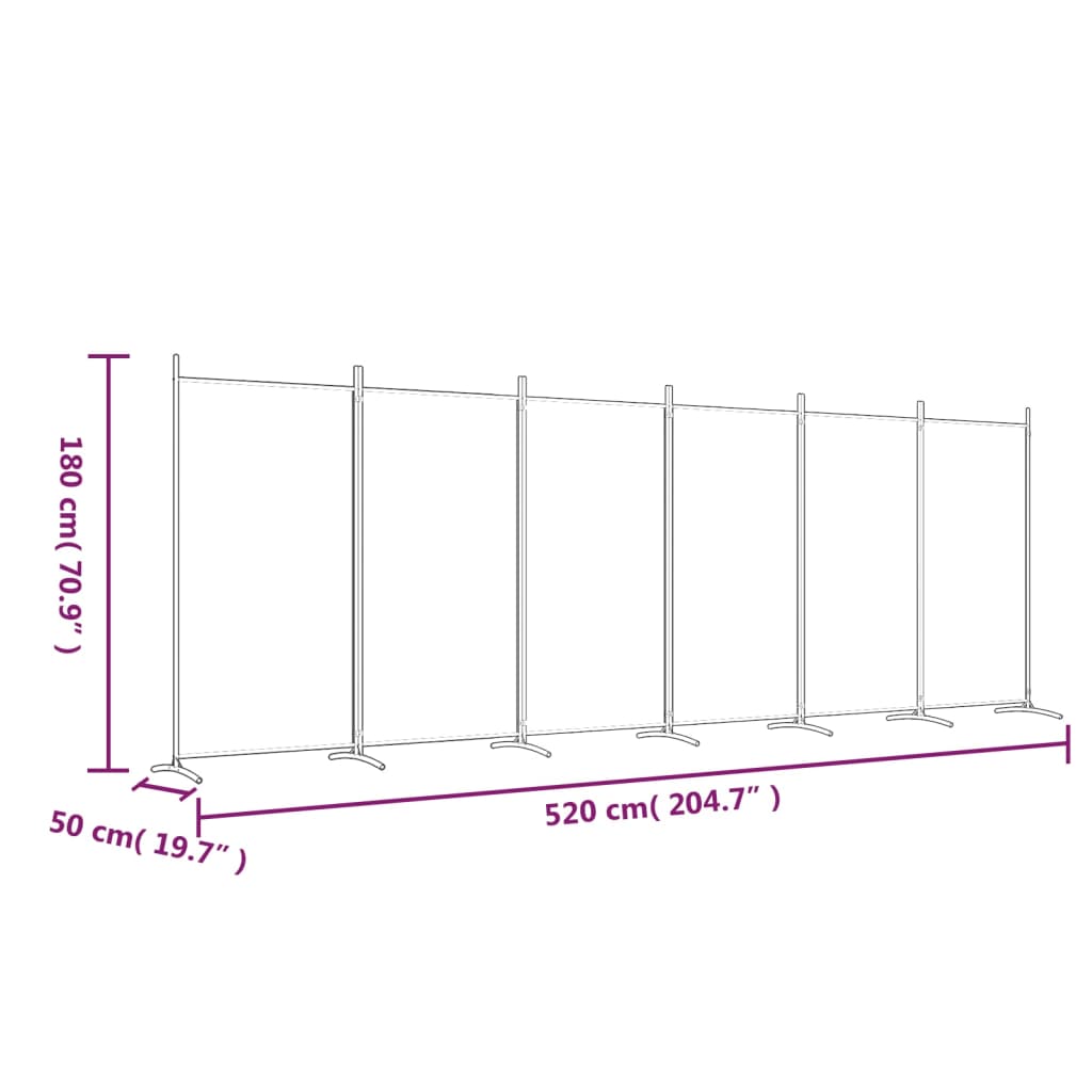 Romdeler med 6 paneler brun 520x180 cm stoff