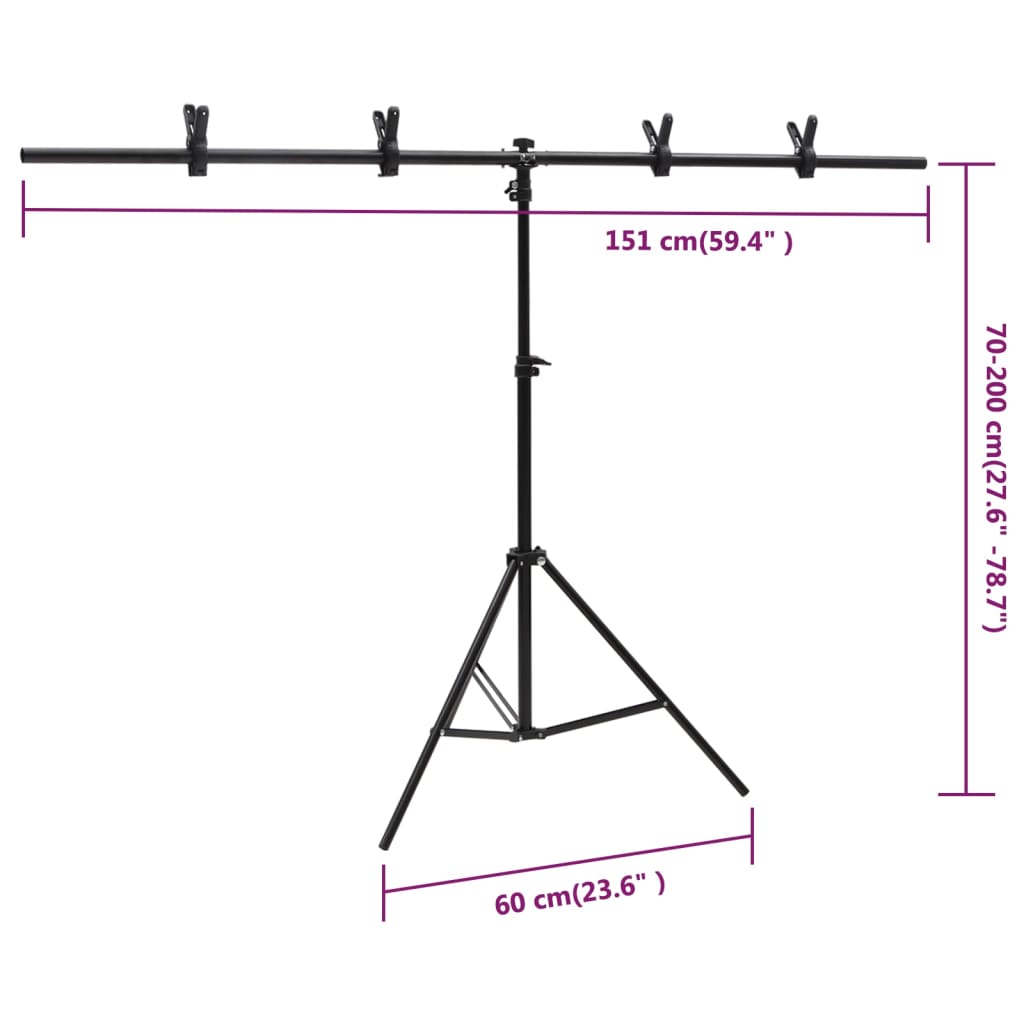 Bakgrunnsstativ T-form svart 151x60x(70-200) cm