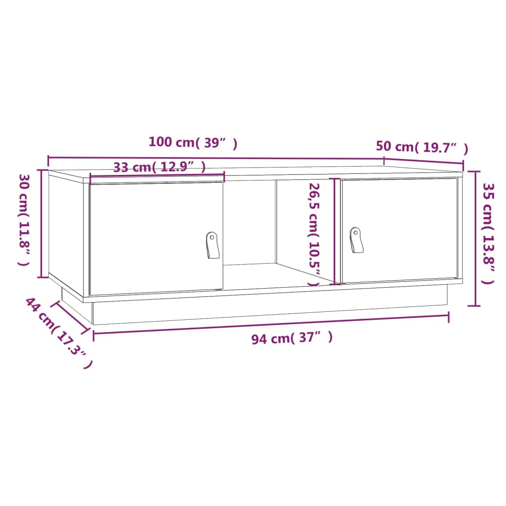 Salongbord hvit 100x50x35 cm heltre furu
