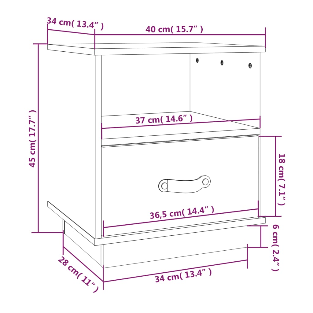 Nattbord 2 stk svart 40x34x45 cm heltre furu
