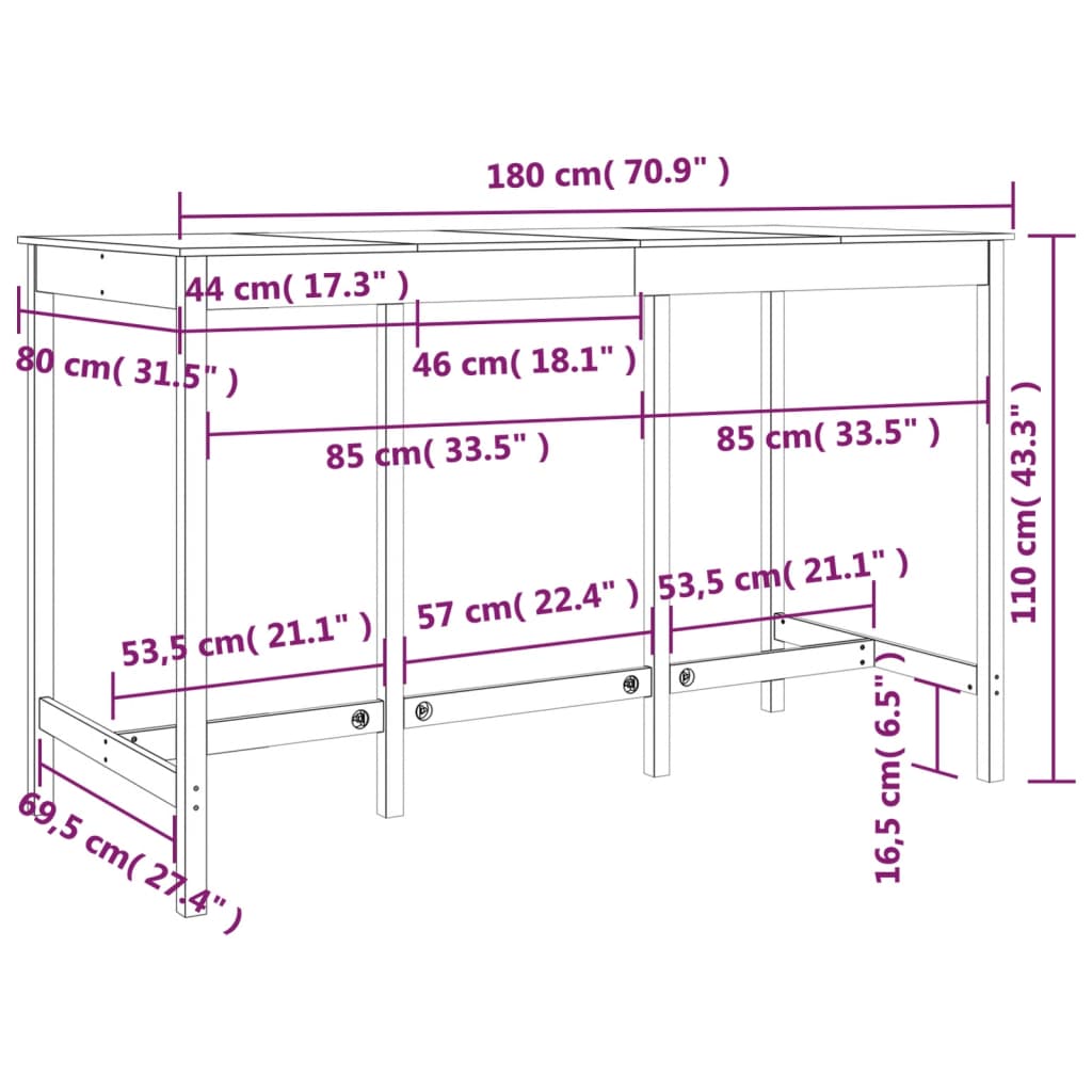Barbord 180x80x110 cm heltre furu vidaXL