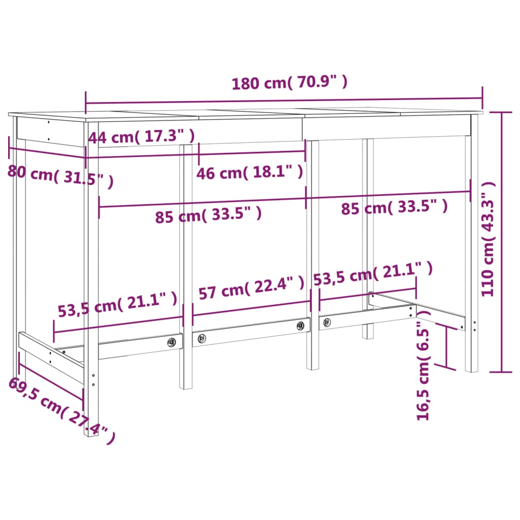 Barbord hvit 180x80x110 cm heltre furu vidaXL