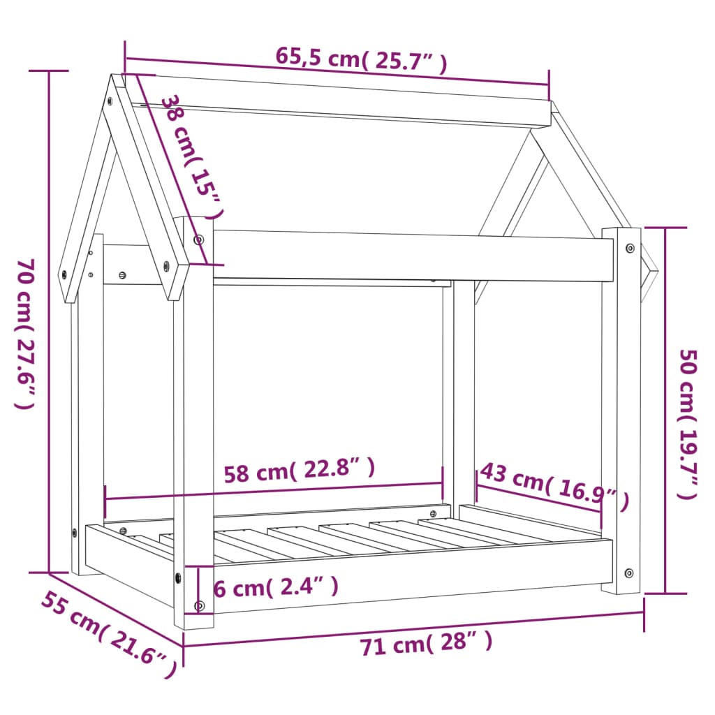 Hundeseng hvit 71x55x70 cm heltre furu