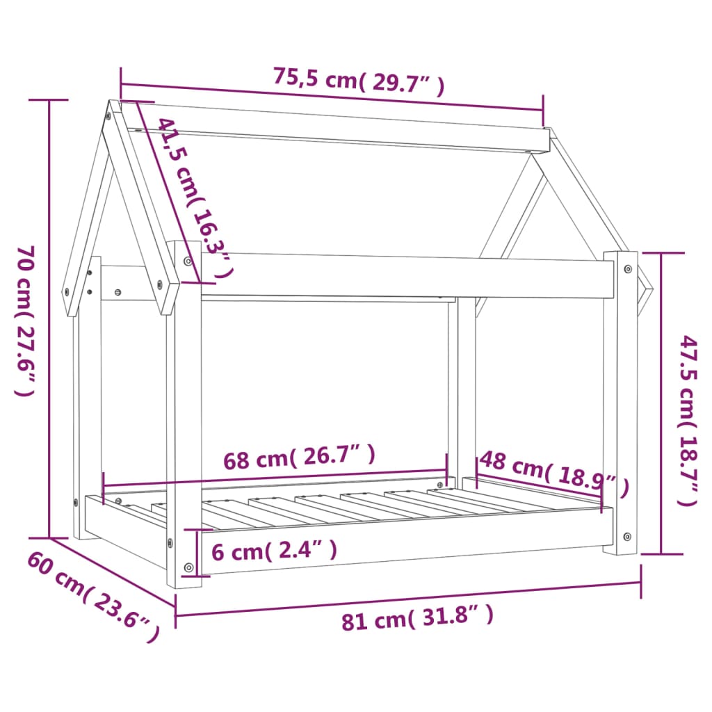 Hundeseng hvit 81x60x70 cm heltre furu