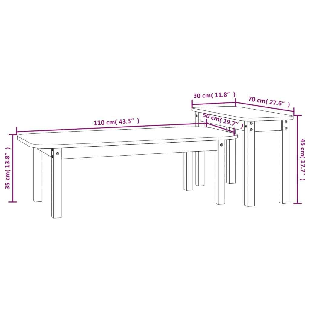 Salongbord 2 stk hvit heltre furu