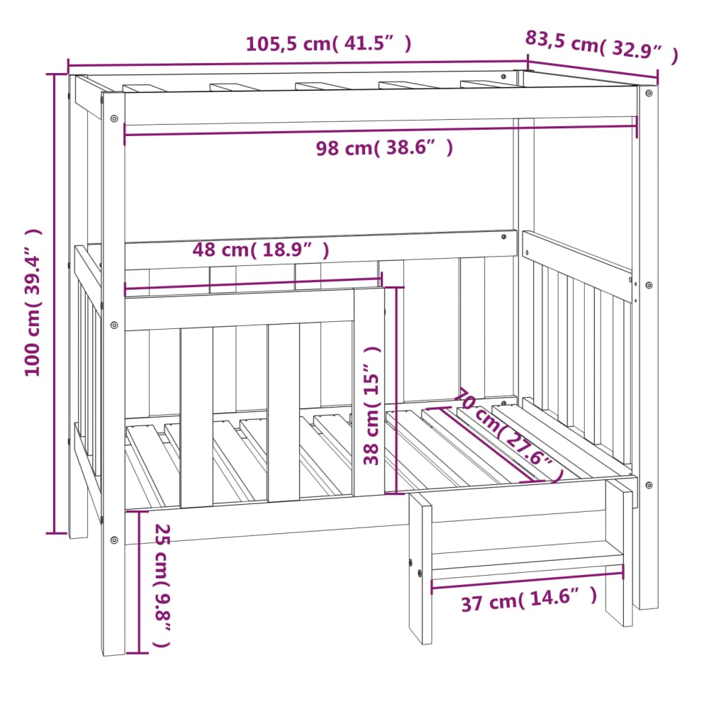 Hundeseng 105,5x83,5x100 cm heltre furu