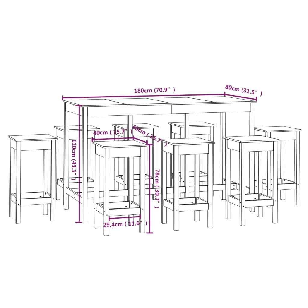 Barsett 9 deler hvit heltre furu vidaXL