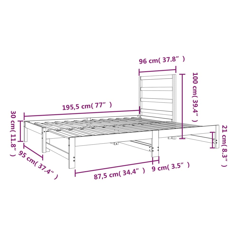 Uttrekkbar dagseng hvit 2x(90x190) cm heltre furu