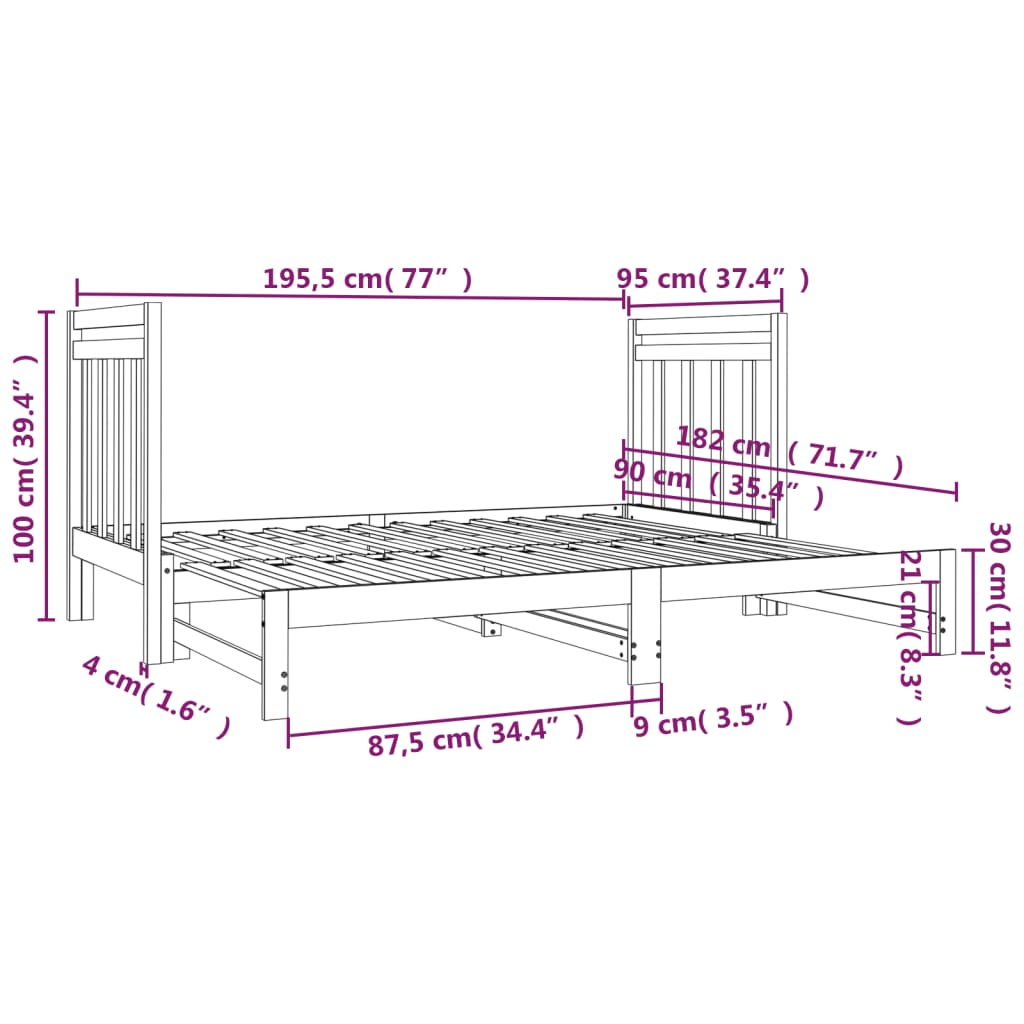 Uttrekkbar dagseng 2x(90x190) cm heltre furu