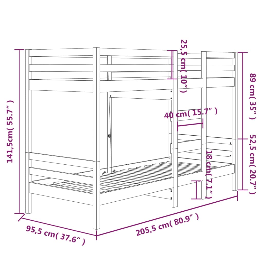 Køyeseng uten madrass 90x200 cm heltre furu
